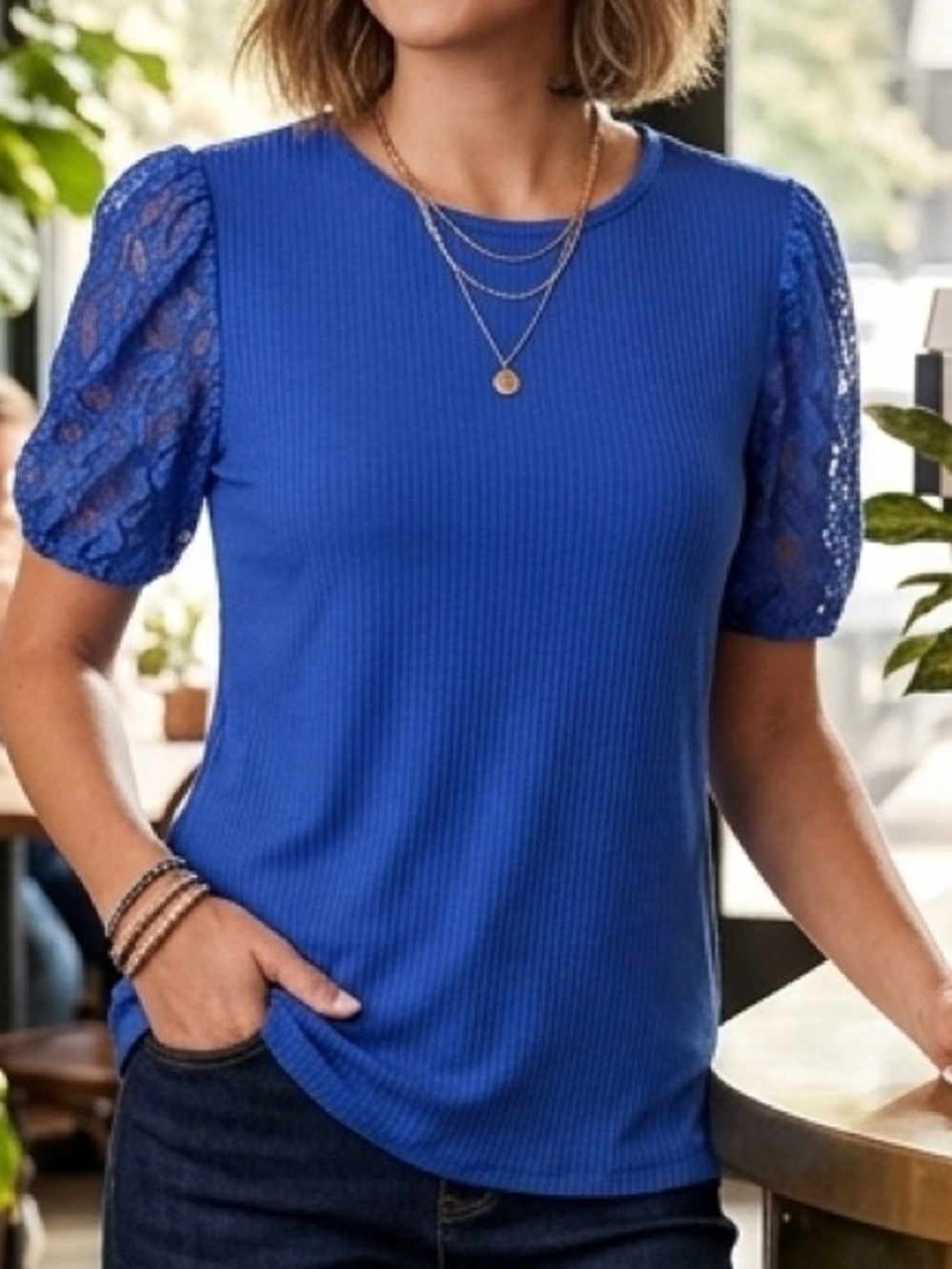 Grace and Emma NWT  Boutique Blue Lace Sleeve Ribbed Women’s Top